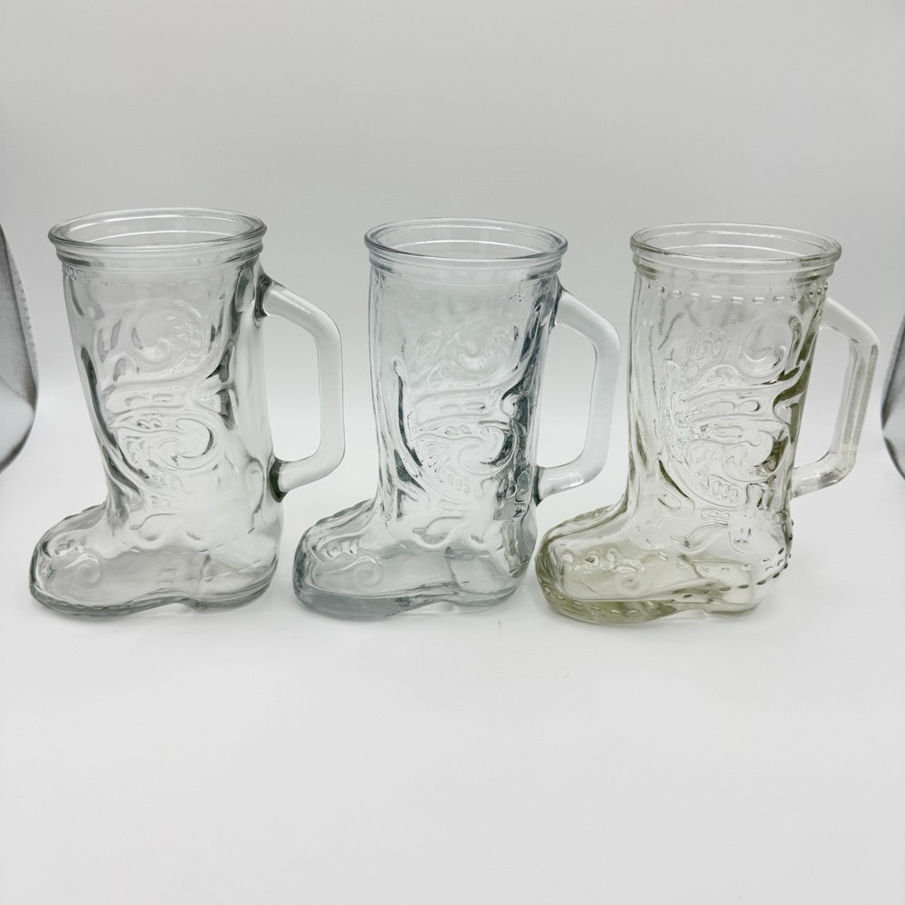 Vtg 1970s Libbey  Glass Cowboy Boot Shape Beer Mug Stein Set Of 3‎